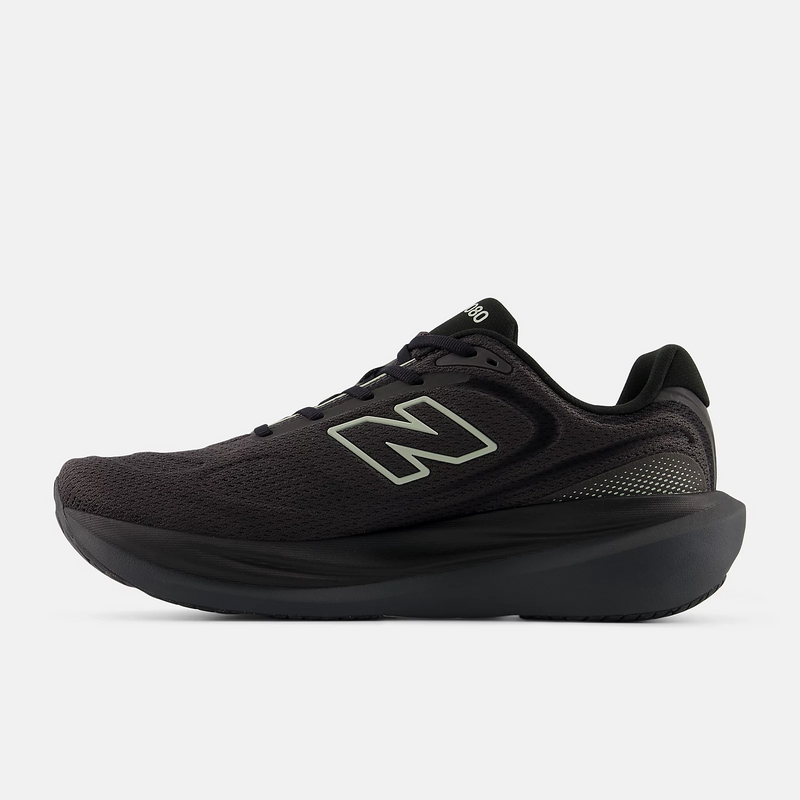 New Balance 1080v15 running shoes in black with breathable mesh upper and sleek midsole, side view.