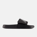 New Balance 200v2 Adjustable slide sandals in black with a hook-and-loop strap and white graphic design, side view.