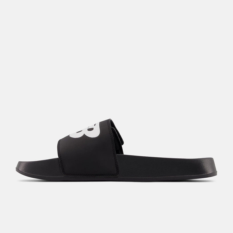 New Balance 200v2 Adjustable slide sandals in black with white logo and adjustable strap, side view.