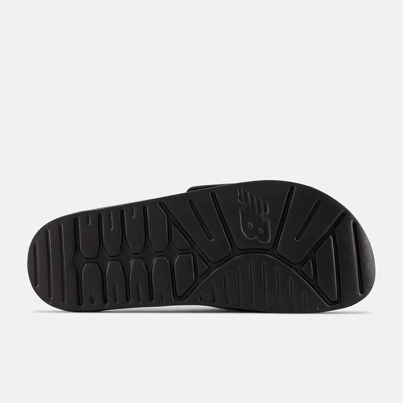 New Balance 200v2 Adjustable sandals outsole in black with textured grip and embossed logo, bottom view.