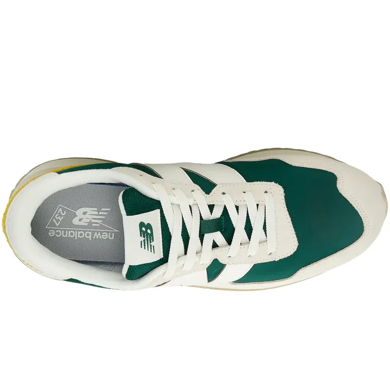 New Balance 237 V1 sneakers in green and white with suede and mesh upper, lace-up closure, and branded insole, top view.