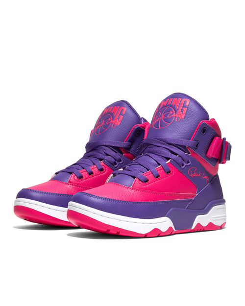 Ewing Athletics 33 HI "Neon Signs" sneakers in vibrant purple and pink leather with a high-top design, front angle.
