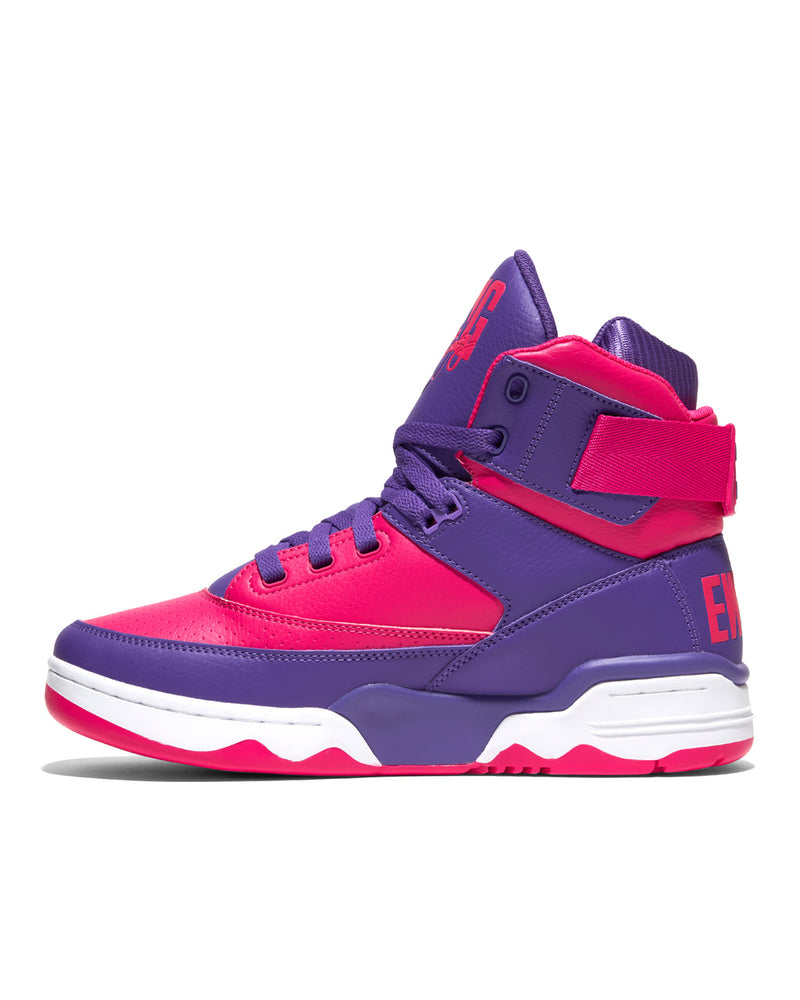 Ewing Athletics 33 HI "Neon Signs" sneakers in purple and pink with a leather upper, padded ankle strap, and white outsole, side view.