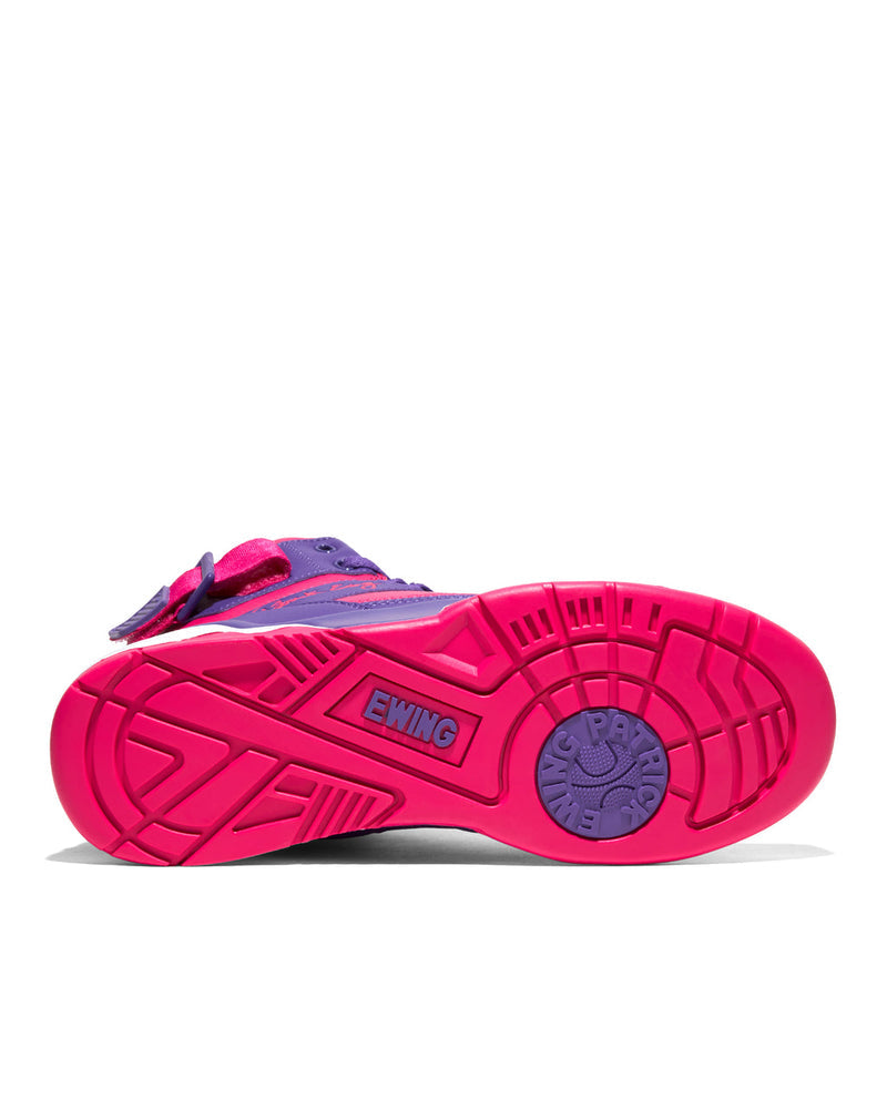 Ewing Athletics 33 HI "Neon Signs" sneakers, bright pink outsole with embossed branding, bottom view