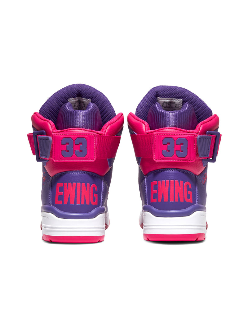 Ewing Athletics 33 HI "Neon Signs" sneakers, purple and pink leather high-tops with bold "33" branding and adjustable straps, back view.