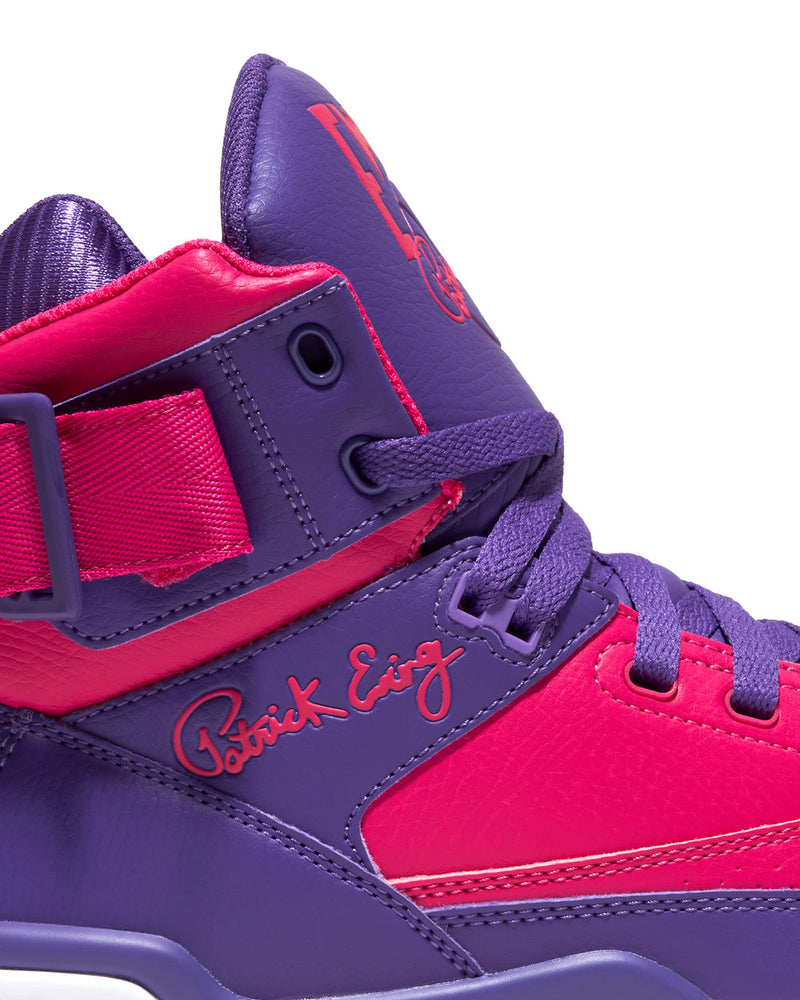 Ewing Athletics 33 HI "Neon Signs" sneakers in purple and pink leather with neon accents and embroidered Patrick Ewing signature, side view.