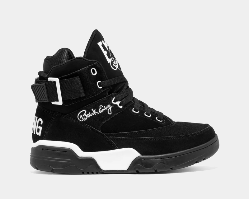 Ewing Athletics 33 HI OG sneakers in black suede with white embroidered branding, ankle strap, and padded collar, side view.