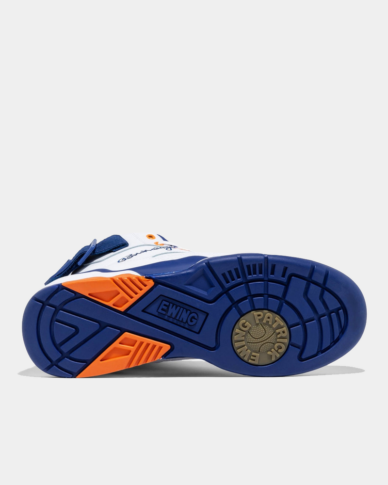 Ewing Athletics 33 HI OG sneakers outsole featuring blue rubber with orange accents and embossed branding, bottom view.
