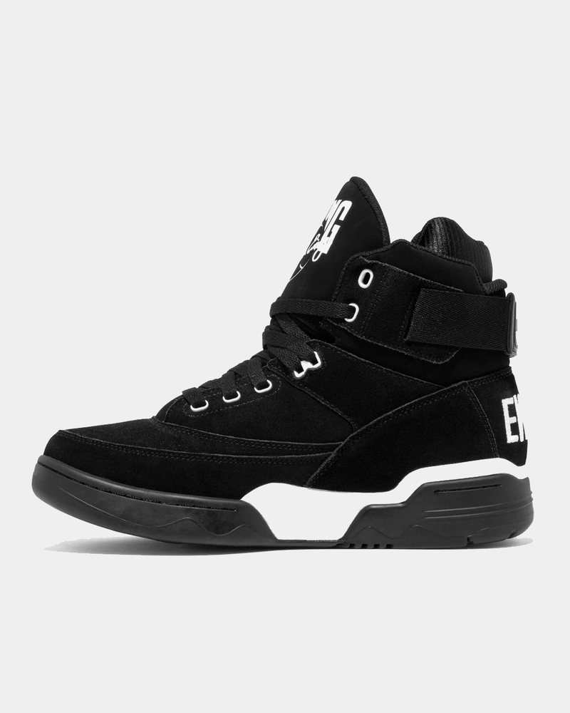 Ewing Athletics 33 HI OG high-top sneakers in black suede with white detailing, side view displaying adjustable ankle strap and bold branding.