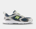 New Balance 408 running shoes in navy blue mesh with gray and white leather overlays, lime green accents, and white sole, side view.
