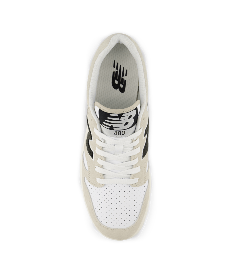 New Balance 480 sneakers in white and beige with perforated toe box, top view.