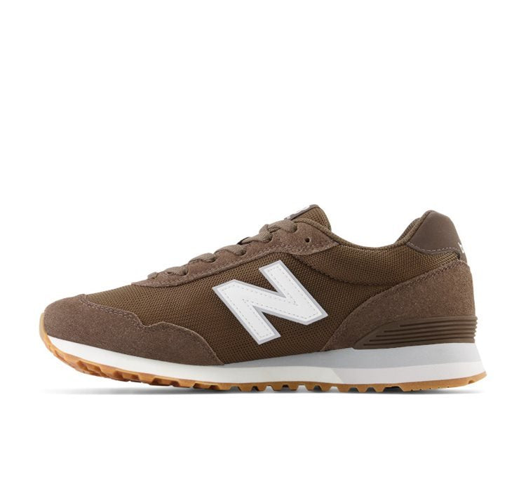 New Balance 515 v3 sneakers in brown suede and mesh with white side logo and gum outsole, side view.
