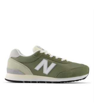New Balance 515 v3 casual shoes in olive green with mesh upper, suede overlays, and white logo, side view.