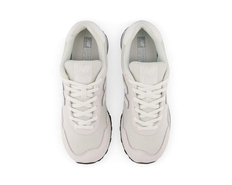 New Balance 515 v3 sneakers top view showing white mesh upper, cushioned tongue, and lace-up closure.