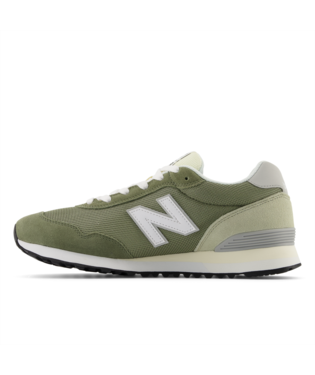 New Balance 515 v3 sneakers in olive green with suede and mesh upper, white logo, and cushioned midsole, side view.