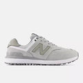 New Balance Golf 574 Greens v2 golf shoes in gray and white featuring a suede and mesh upper with spiked outsole, side view.