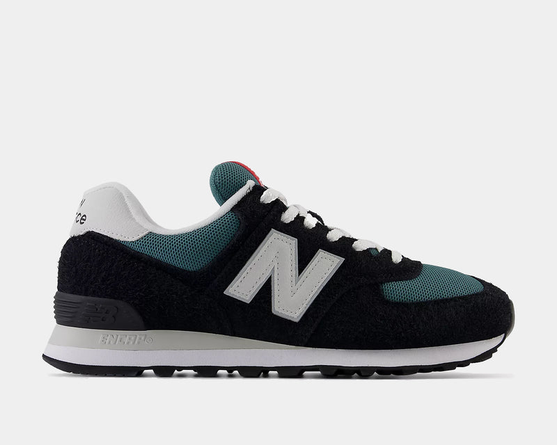 New Balance 574 shoes in black, teal, and white with suede overlays, mesh panels, and ENCAP midsole, side view.