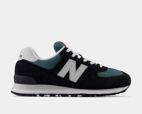 New Balance 574 shoes in black, teal, and white with suede overlays, mesh panels, and ENCAP midsole, side view.