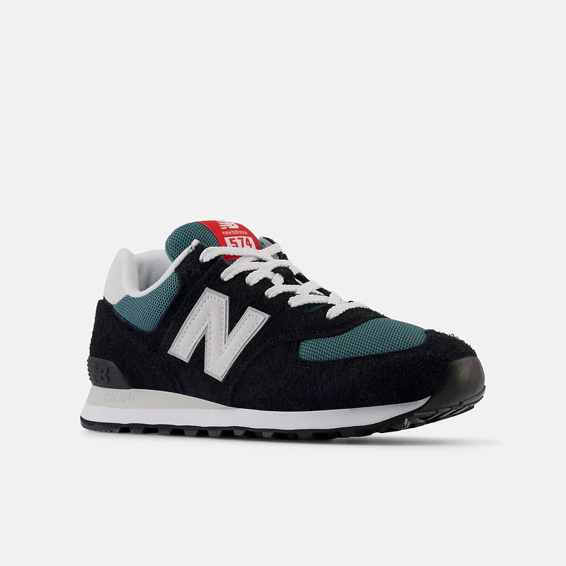 New Balance 574 sneakers in black, teal, and white with suede and mesh upper, ENCAP midsole, and lace-up closure, front-side view.