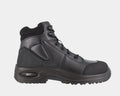 Reebok Work 6 Inch Sport Comp Toe Work Boot in black with leather upper, padded collar, lace-up design, and durable outsole, side view.
