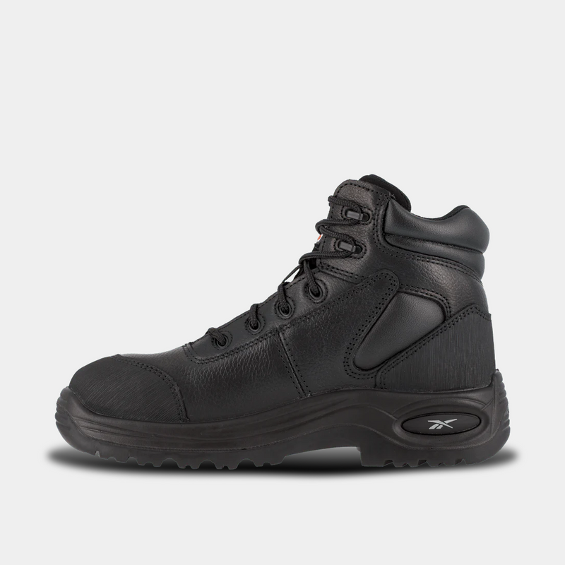 Reebok Work 6 Inch Sport Comp Toe Work Boot in black leather with padded ankle collar and composite toe, side view.