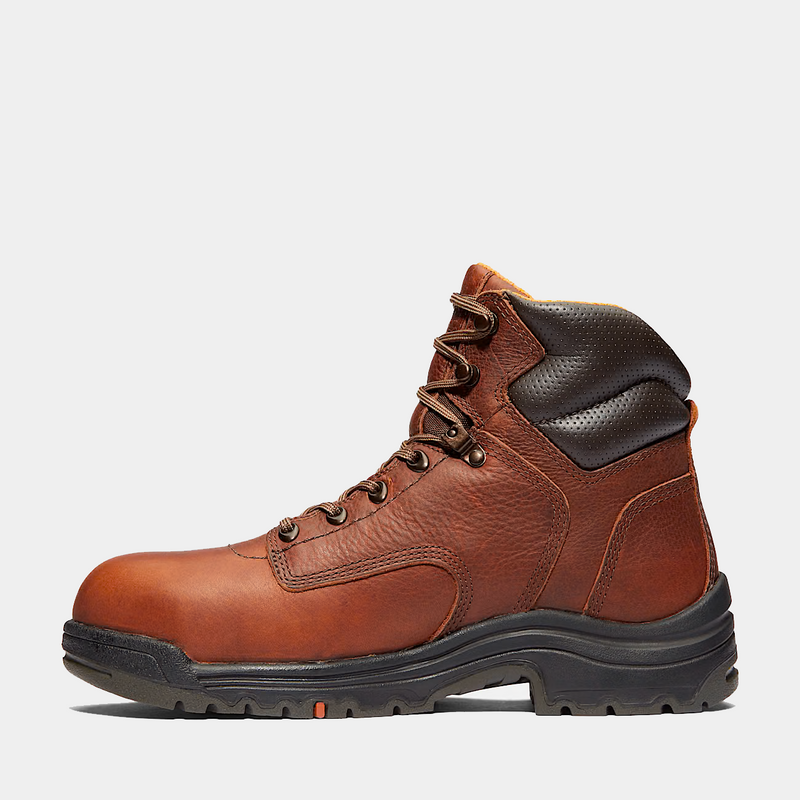 Timberland Pro 6" Titan Safety Toe Comfort Work Boots, brown leather with padded collar and rugged sole, side view.