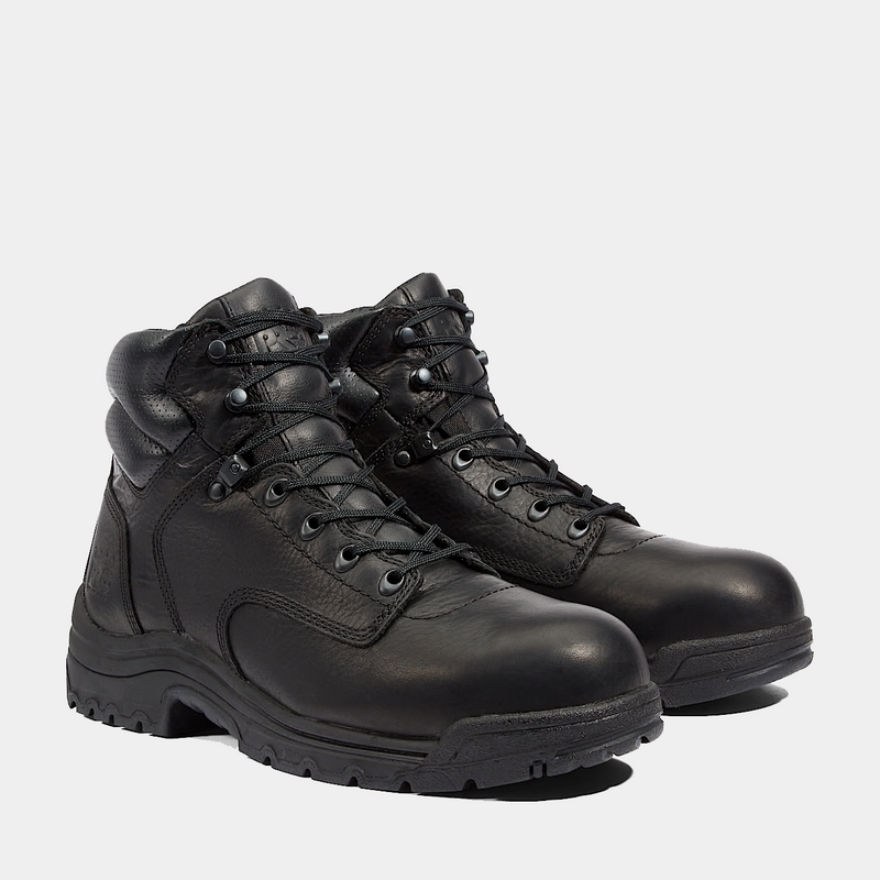 Timberland Pro 6" Titan Safety Toe Comfort Work Boots in black full-grain leather with padded collars and slip-resistant outsoles, angled front view.