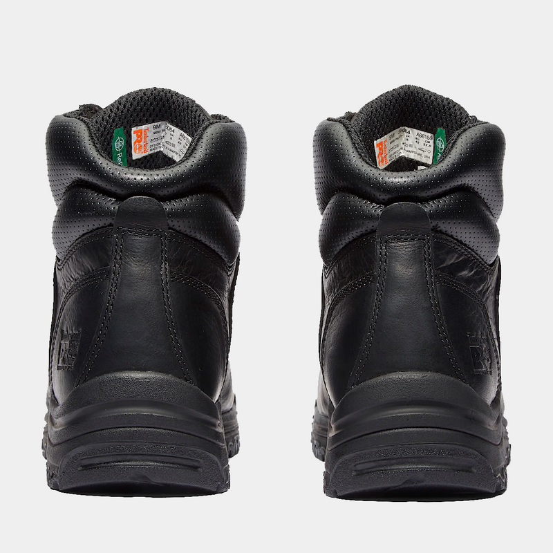Timberland Pro 6" Titan Safety Toe Comfort Work Boots in black leather with padded collars and safety toe, back view.