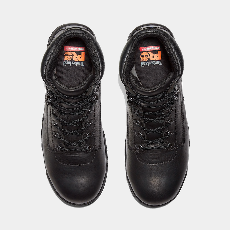 Timberland Pro 6" Titan Safety Toe Comfort Work Boots in black leather with padded collars and lace-up closure, top view.