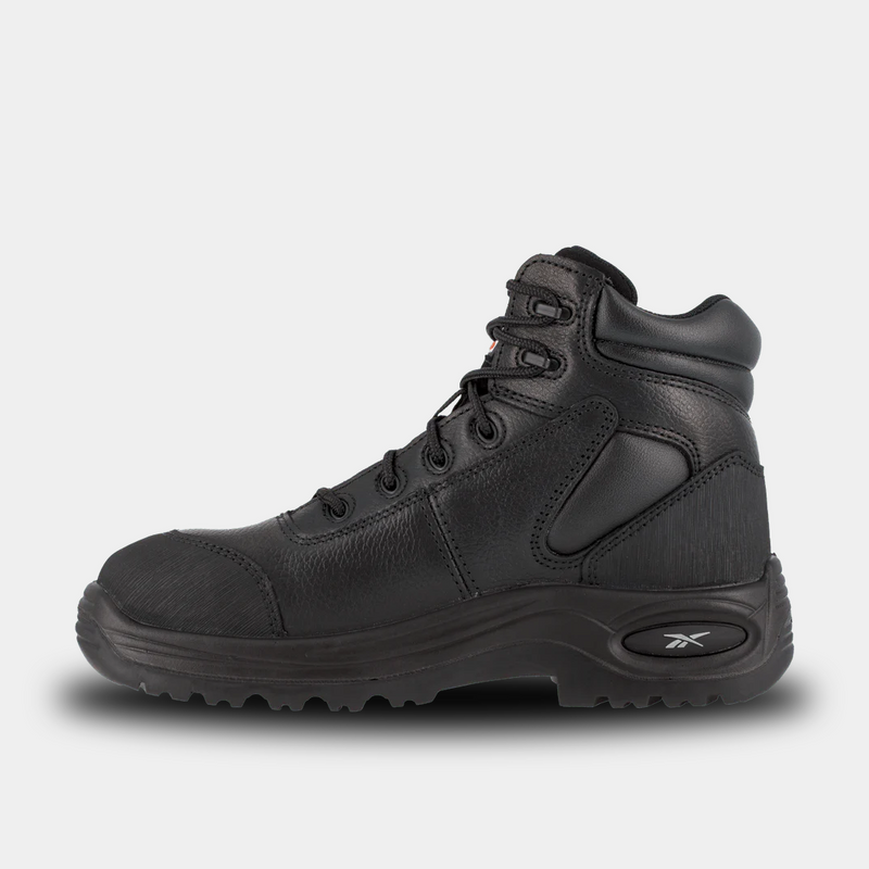 Reebok Work 6" Waterproof Trainex Puncture Resistant Sport Boots in black leather, side view showing durable construction and rugged outsole.