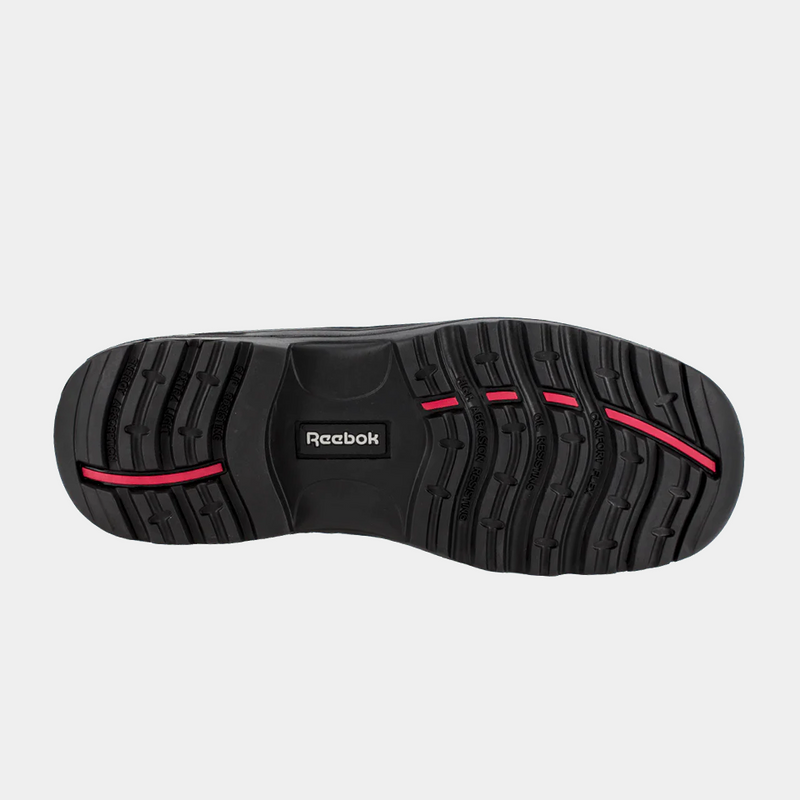 Reebok Work 6" Waterproof Trainex Puncture Resistant Sport Boots outsole in black with slip-resistant tread pattern and red accents.