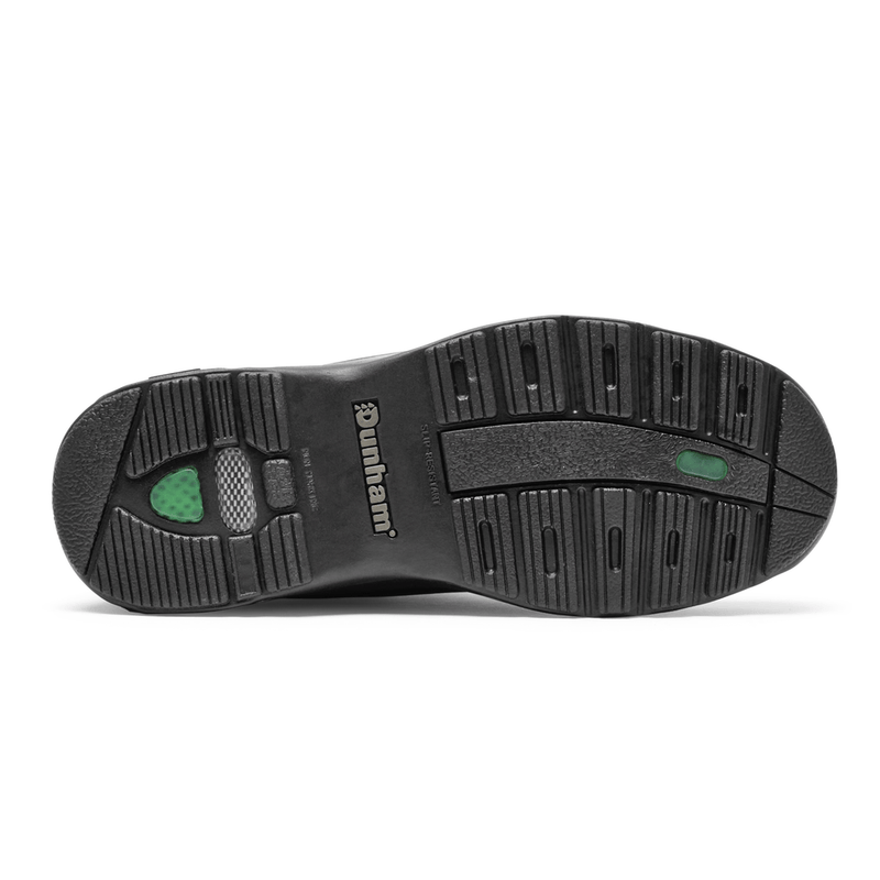 Dunham 8000 Mid Waterproof Boot outsole with slip-resistant tread design and green accents, sole/bottom view.
