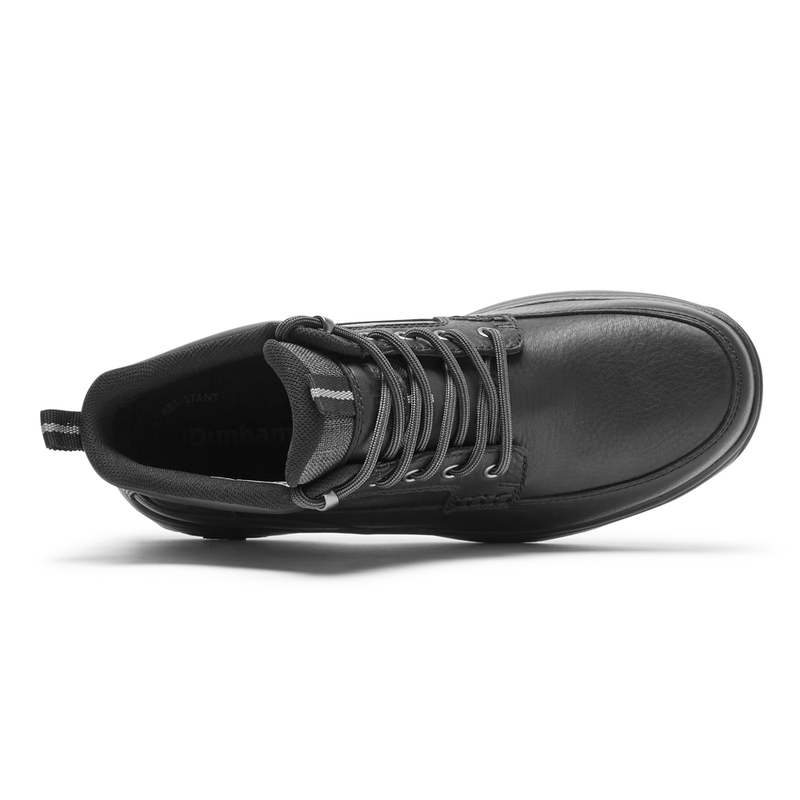 Dunham 8000 Mid Waterproof Boot in black leather with lace-up closure and padded collar, top view.