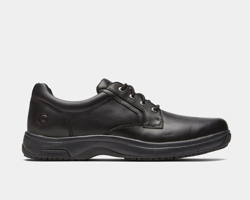 Dunham 8000 Service Plain Toe shoes in black leather with a polished finish, lace-up closure, and sturdy rubber outsole, side view.