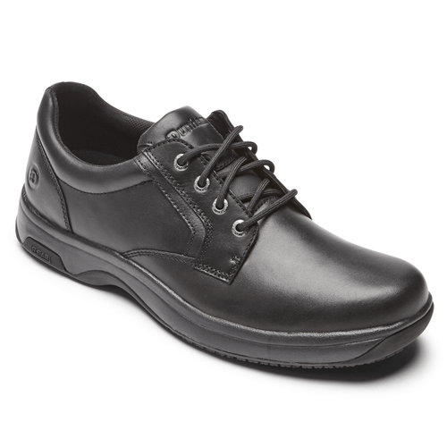 Dunham 8000 Service Plain Toe shoes in black leather with lace-up closure and durable rubber outsole, side angle view.