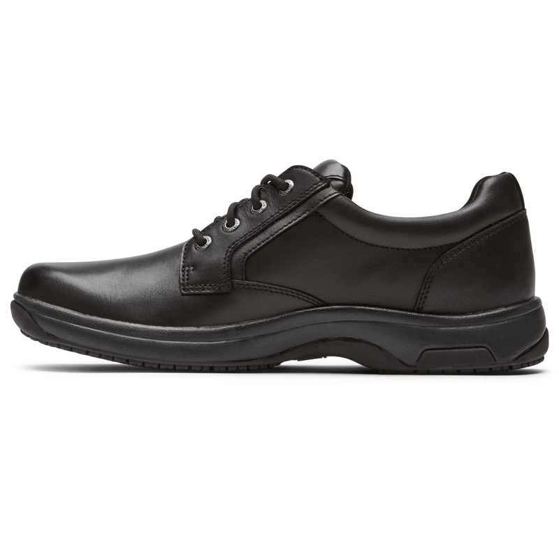 Dunham 8000 Service Plain Toe shoes in black leather with a lace-up design and durable outsole, side view.