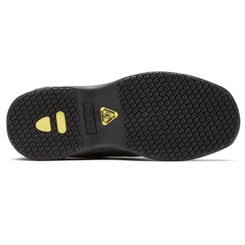 Dunham 8000 Service Plain Toe shoes outsole with textured black rubber and yellow slip-resistant accents, sole view.