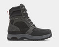 Dunham 8000 Works 8-Inch Ubal Boot in black and gray with rugged leather and textile upper, metal eyelets, and slip-resistant outsole, side view.