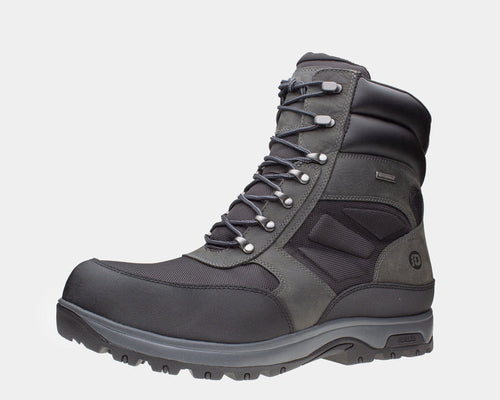 Dunham 8000 Works 8-Inch Ubal Boot in gray and black with waterproof leather upper, padded collar, and rugged outsole, side view.