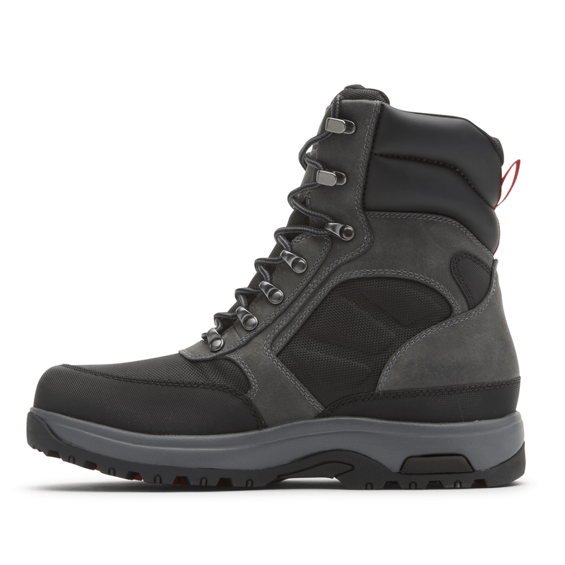 Dunham 8000 Works 8-Inch Ubal Boot in dark gray and black, featuring rugged leather and mesh upper with padded collar, side view