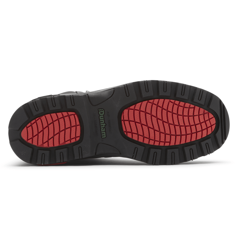Dunham 8000 Works 8-Inch Ubal Boot outsole with black rubber and red traction zones, bottom view.