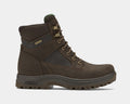 Dunham 8000Works 6-Inch Plain Toe Waterproof Boot in dark brown, leather upper with waterproof construction and rugged outsole, side view.