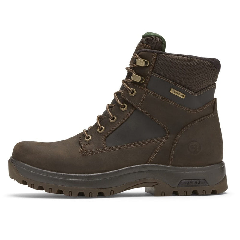 Dunham 8000Works 6-Inch Plain Toe Waterproof Boot in dark brown with leather upper, padded collar, and lugged rubber outsole, side view.