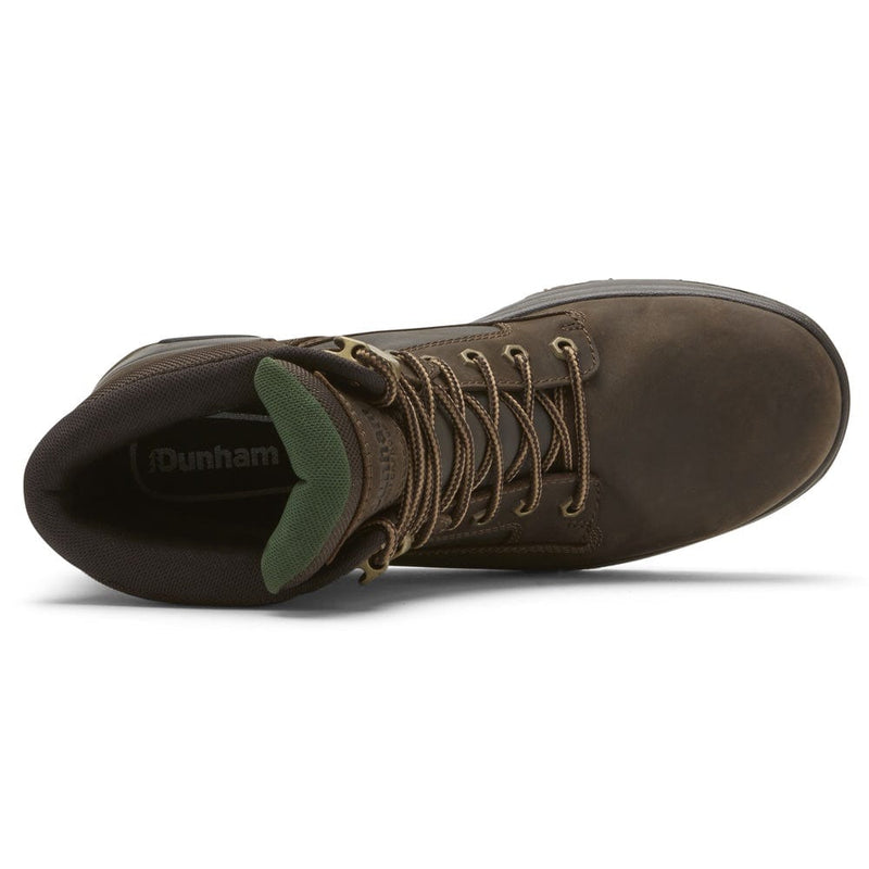 Dunham 8000Works 6-Inch Plain Toe Waterproof Boot top view, brown leather with green padded interior and tan laces.