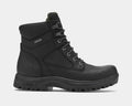 Dunham 8000Works 6-Inch Plain Toe work boots in black with waterproof leather upper, padded collar, and rugged outsole, side view.