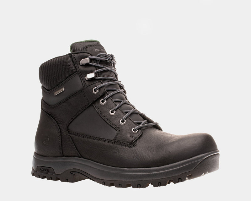 Dunham 8000Works 6-Inch Plain Toe boots in black leather with padded collar, waterproof construction, and rugged outsole, side view.