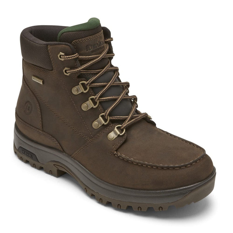 Dunham 8000Works Moc Boot in brown leather with waterproof upper, moccasin toe stitching, and rugged outsole, side angle view.
