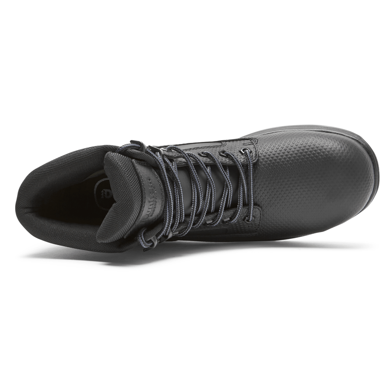 Dunham 8000Works Safety Plain Toe Boot – Waterproof in black with textured leather upper and sturdy lace system, top view.