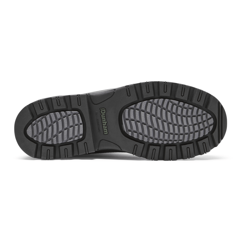 Dunham 8000Works Safety Plain Toe Boot – Waterproof outsole showing slip-resistant tread pattern in black and gray rubber, bottom view.