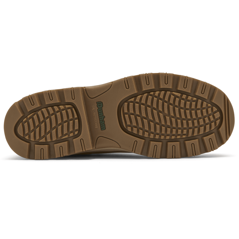 Dunham 8000WORKS Safety Plain Toe work boots sole view showing oil-resistant rubber outsole in brown with slip-resistant tread pattern.